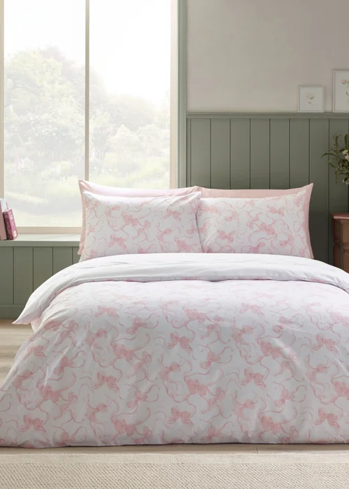 Catherine Lansfield Bow Embroidery Duvet Cover Set White/Pink - Single Image 2