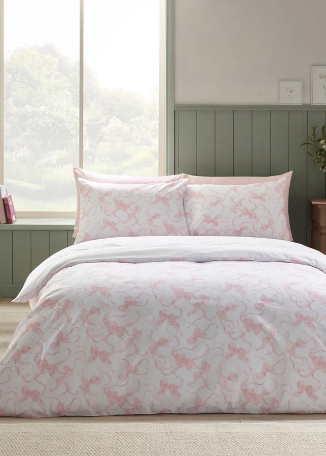 Catherine Lansfield Bow Embroidery Duvet Cover Set White/Pink