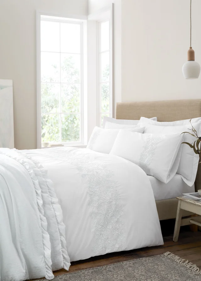 Bianca Fine Linens Embroidery Floral Cotton Duvet Cover Set White