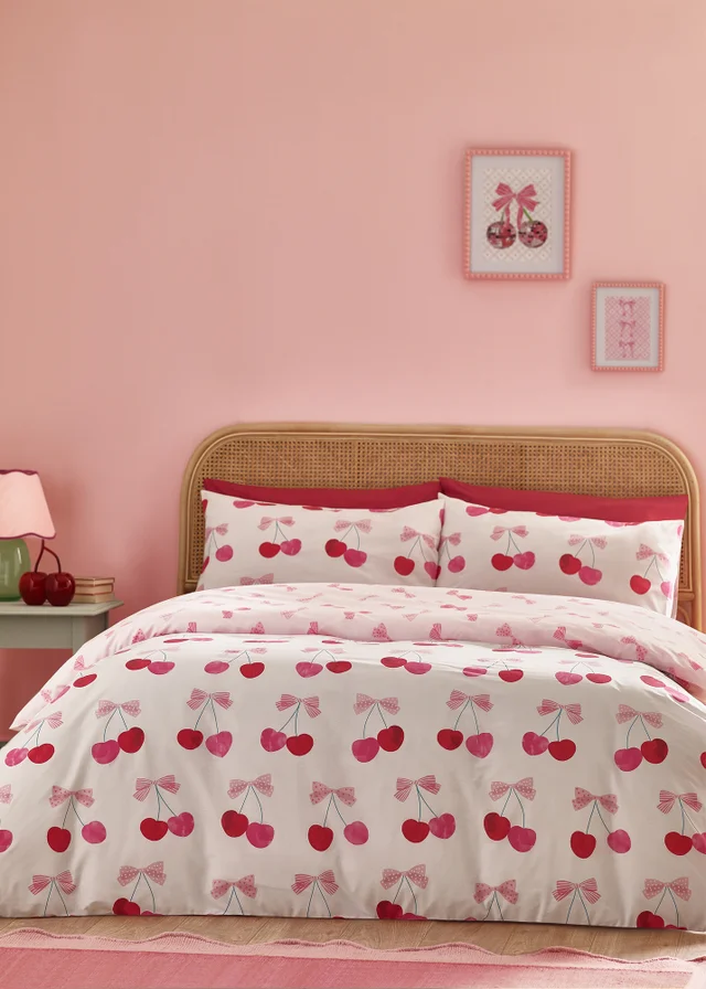Catherine Lansfield Cherries and Bows Reversible Duvet Cover Set Pink