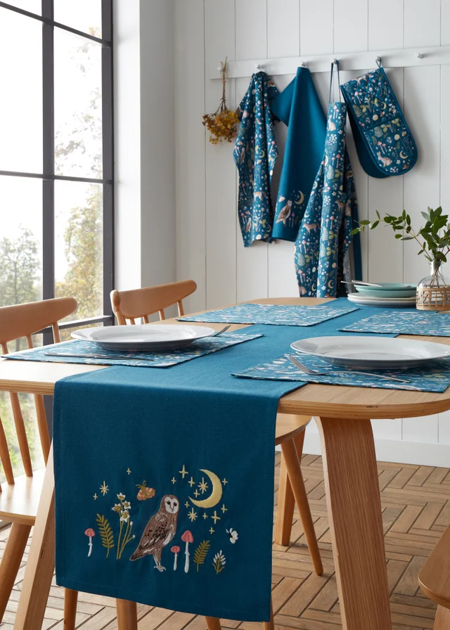 Catherine Lansfield Enchanted Twilight Animals Cotton Dining Table Runner Navy Blue