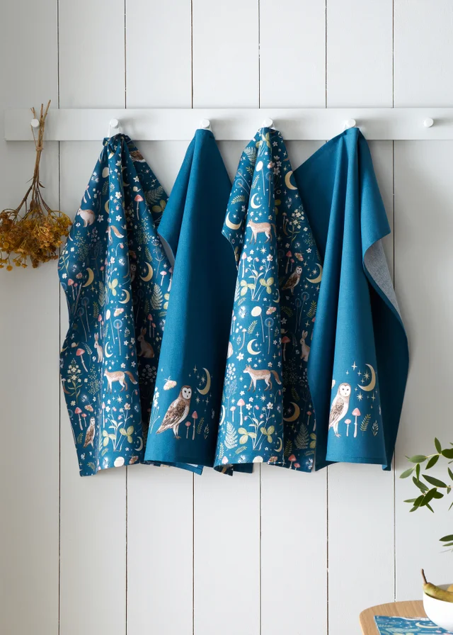 Catherine Lansfield Enchanted Twilight Animals Cotton Kitchen Tea Towel Pack of 4 Navy