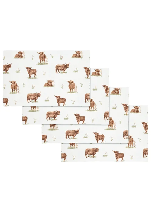 Catherine Lansfield Angus Highland Cow Cotton Dining Placemat 4 Pack Natural - One Size Image 3