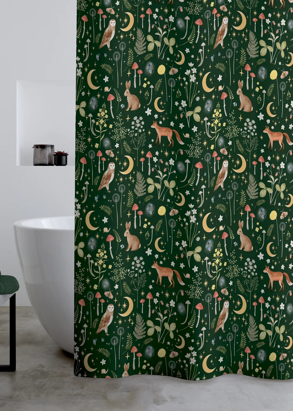 Catherine Lansfield Enchanted Twilight Animals Shower Curtain Forest Green - One Size Image 1