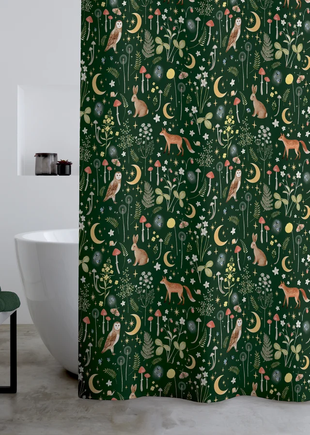 Catherine Lansfield Enchanted Twilight Animals Shower Curtain Forest Green