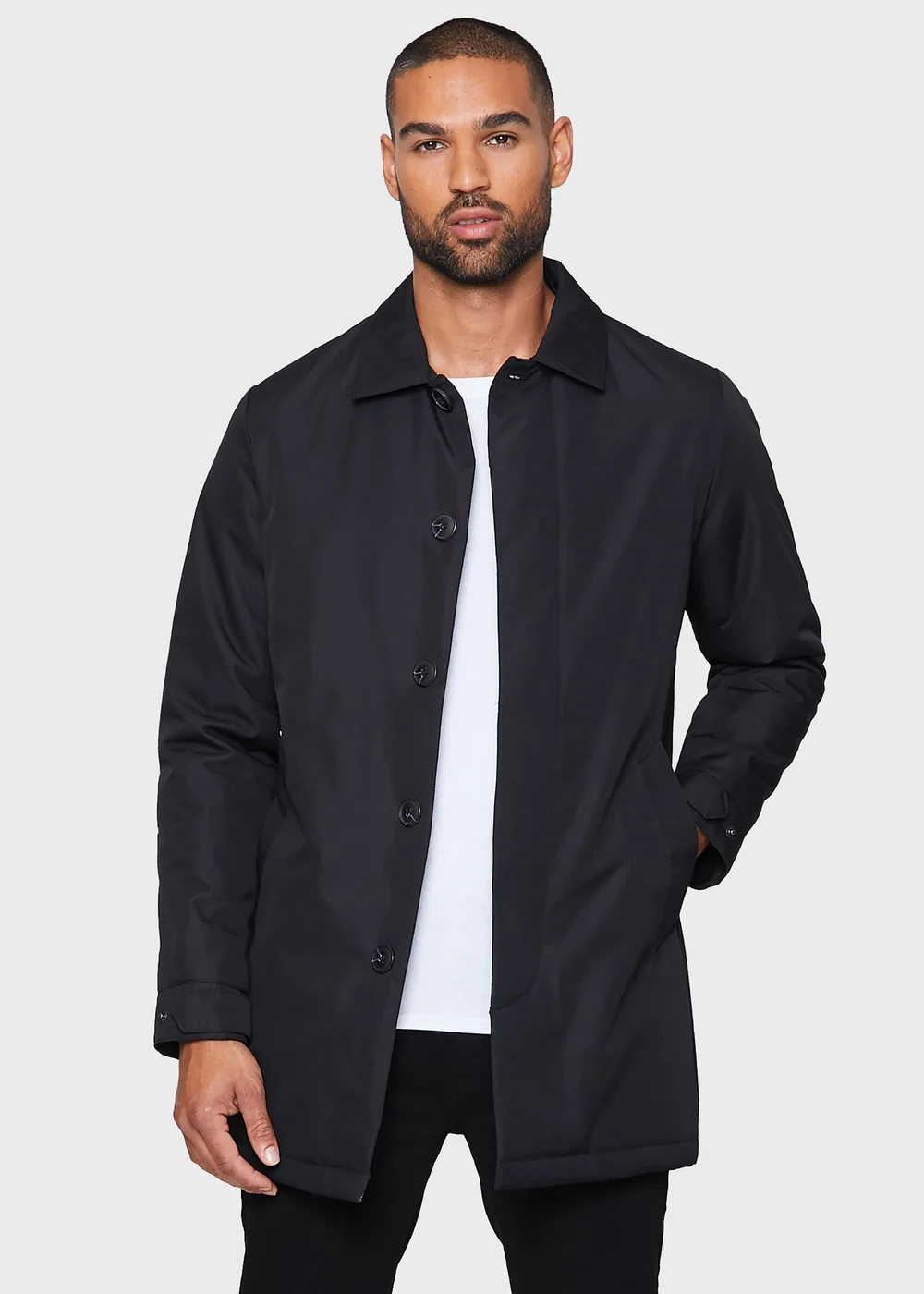 Threadbare Black Showerproof Padded Longline Mac - M Image 1