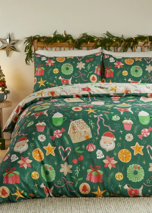Duvet Day Festive Treats Printed Soft Touch Emerald Duvet Set - Double Image 1