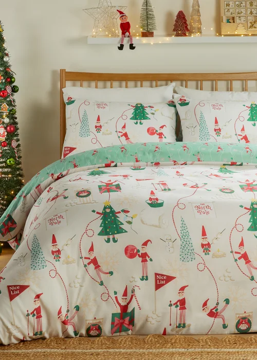 Duvet Day Elfie Printed Soft Touch Cream/Mint Duvet Set - Single Image 1