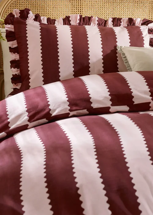 Wylder Nature Birdie Stripe Ruffle Burgundy/Blossom Duvet Set - Single Image 3