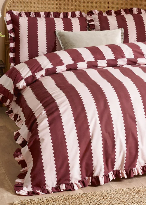 Wylder Nature Birdie Stripe Ruffle Burgundy/Blossom Duvet Set - Single Image 2