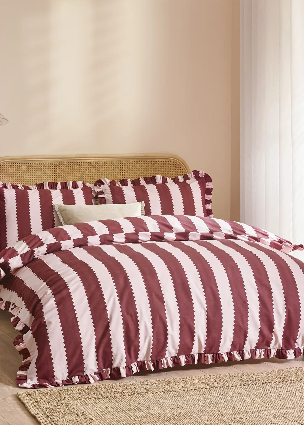 Wylder Nature Birdie Stripe Ruffle Burgundy/Blossom Duvet Set - Single Image 1
