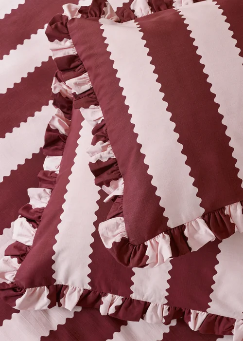 Wylder Nature Birdie Stripe Ruffle Burgundy/Blossom Duvet Set - Single Image 4