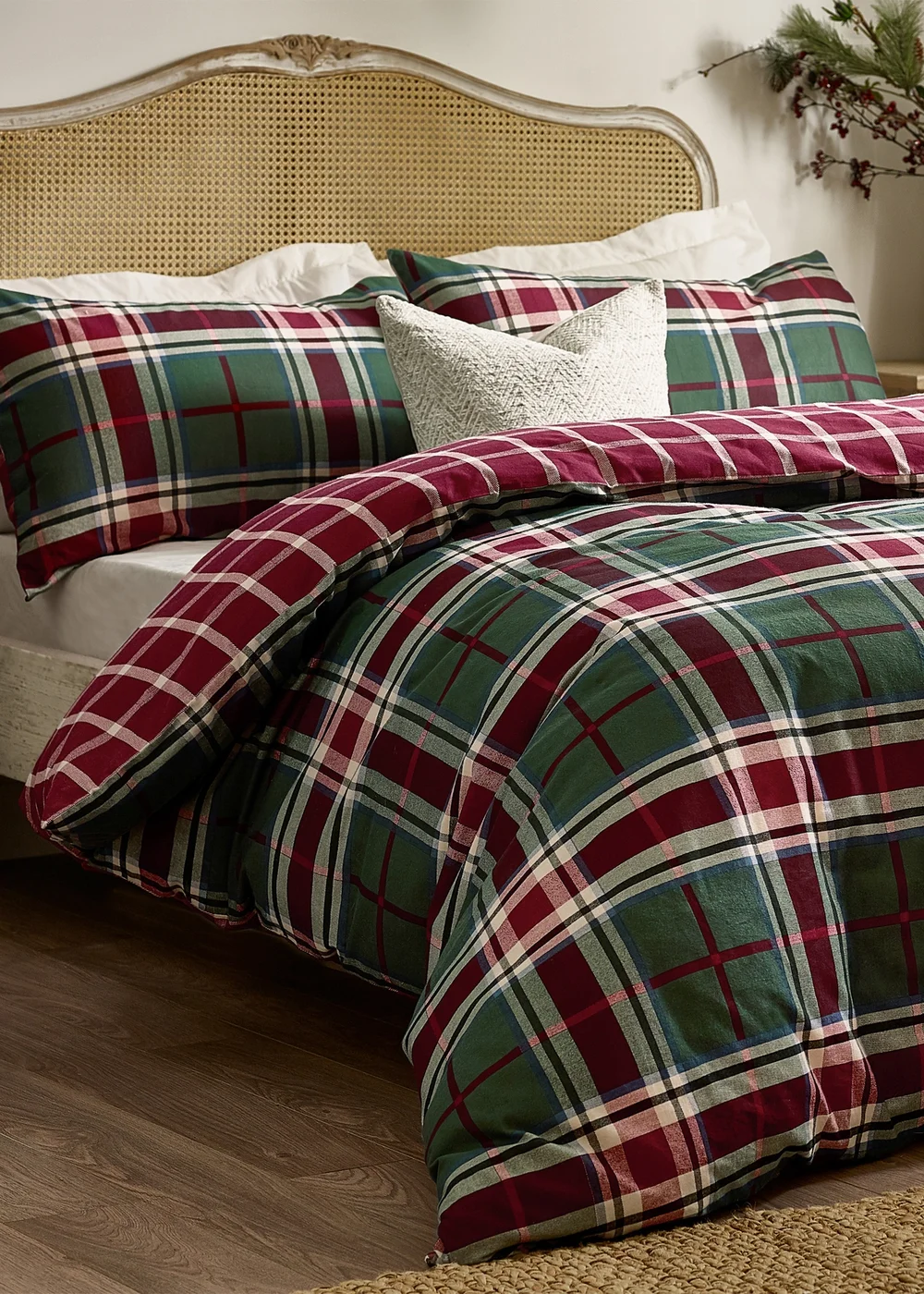 Wylder Nature Braemar Check Soft Brushed Cotton Berry/Pine Duvet Set - Single Image 3