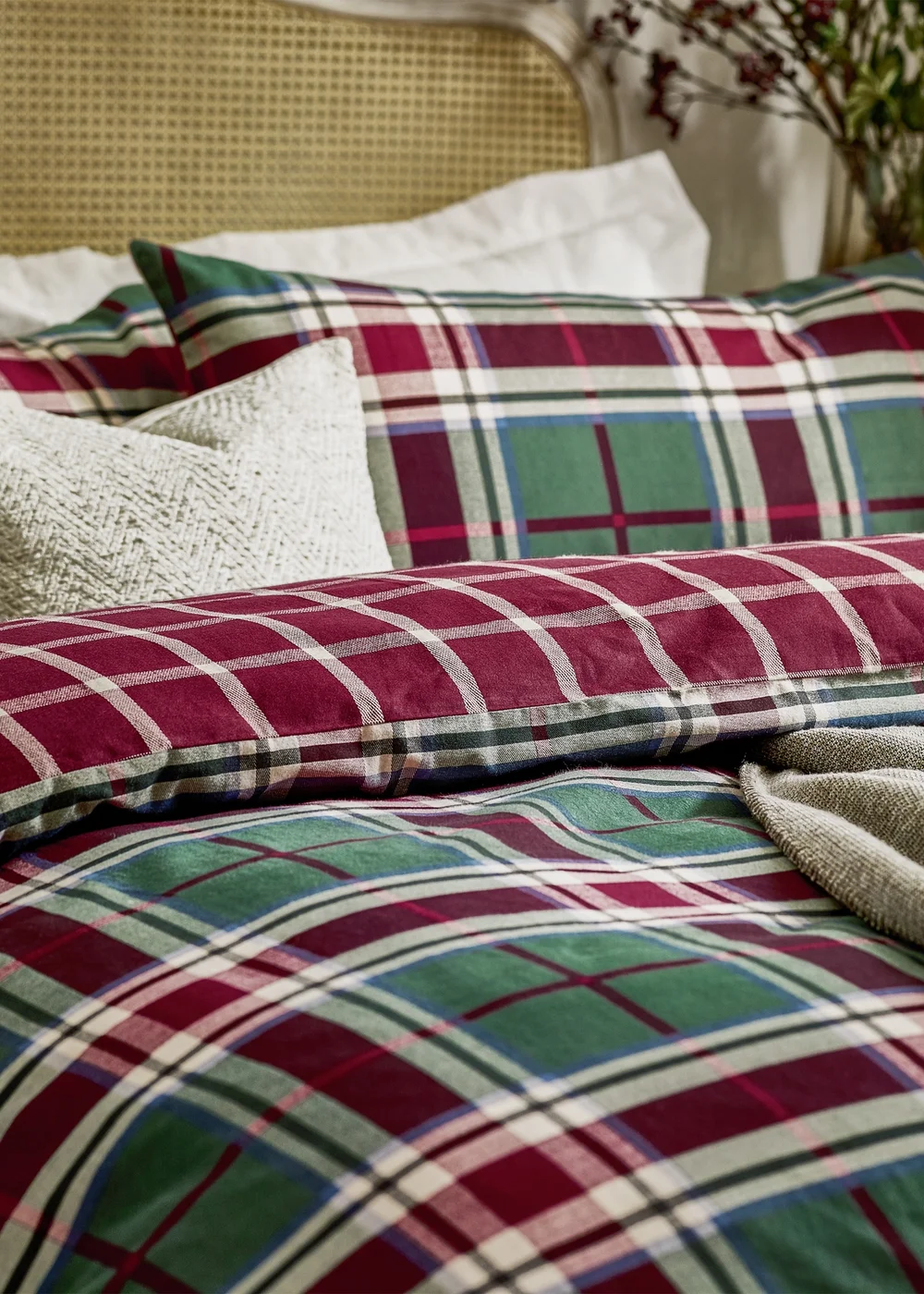 Wylder Nature Braemar Check Soft Brushed Cotton Berry/Pine Duvet Set - Single Image 2