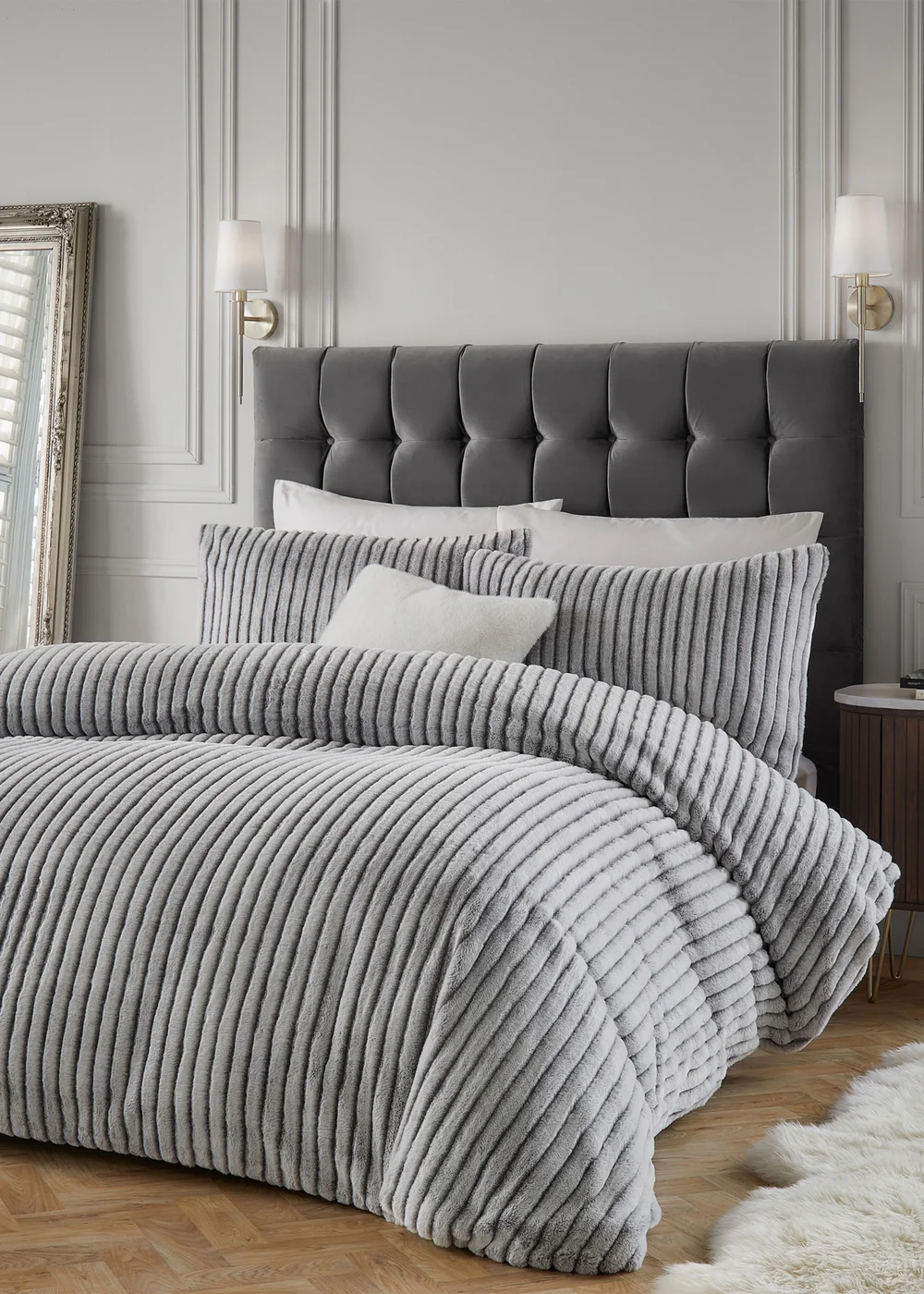 Paoletti Alpine Striped Faux Fur Grey Duvet Set - Double Image 1