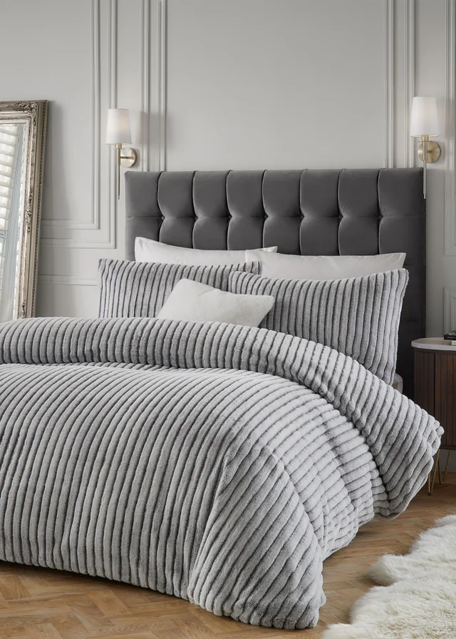 Paoletti Alpine Striped Faux Fur Grey Duvet Set