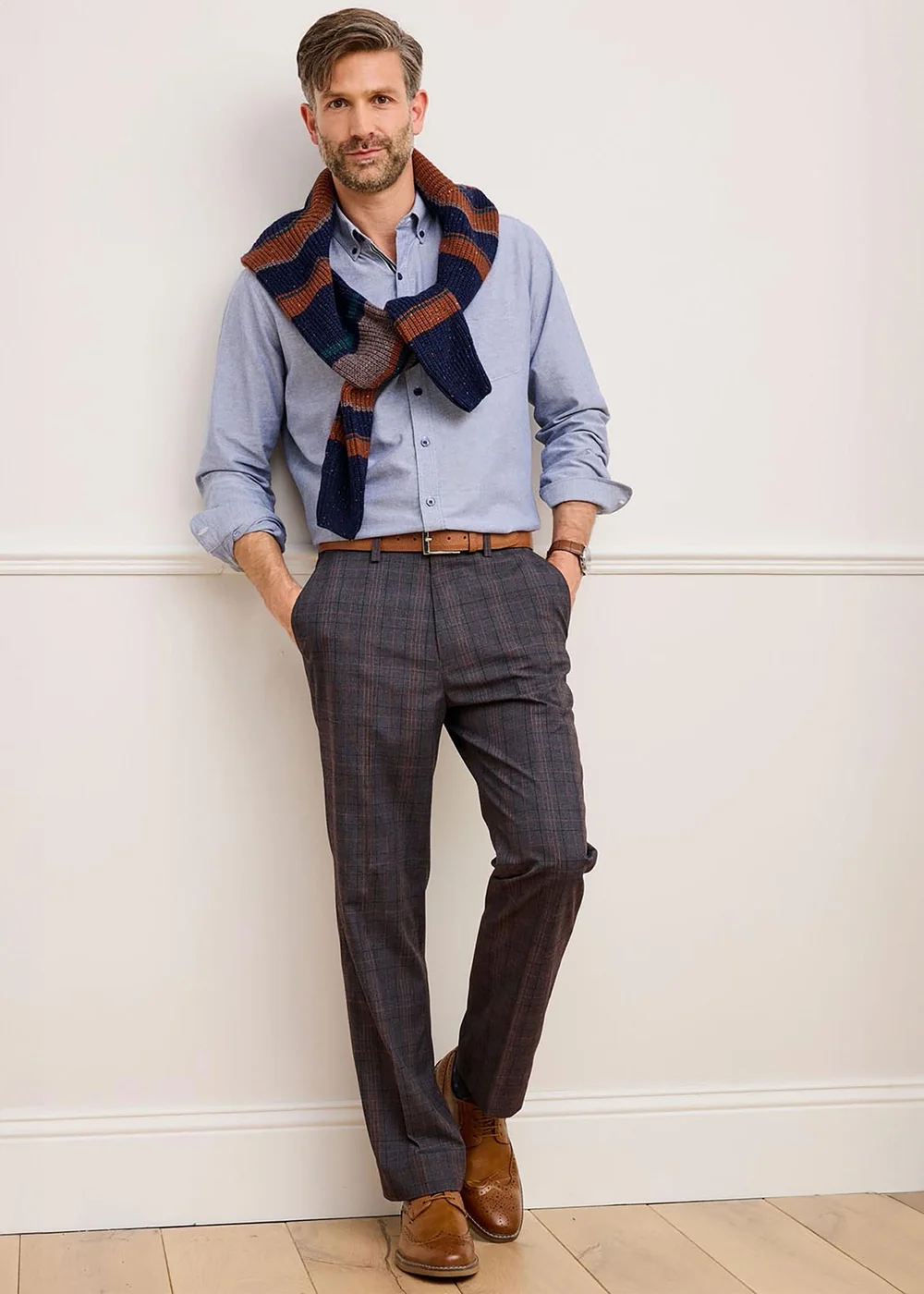 Cotton Traders Truffle Check Supreme Easy Care Trousers - 48/L27 Image 1
