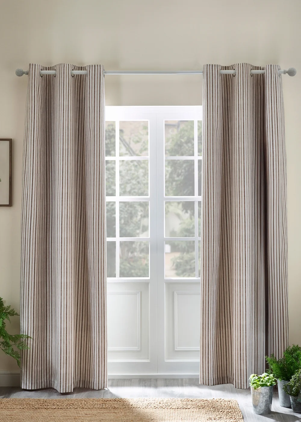 Catherine Lansfield Logan Stripe Lined Eyelet Curtains Natural - 66W X 72D (168x183cm) Image 1