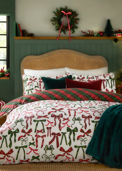 Furn Nathalie Festive Bows Printed Berry Duvet Set - Single Image 1