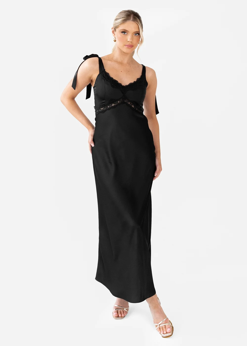 Maya Deluxe Black Tie-Shoulder Strappy Satin Midaxi Dress - 14 Maya Deluxe Black Tie-Shoulder Strappy Satin Midaxi Dress - 14