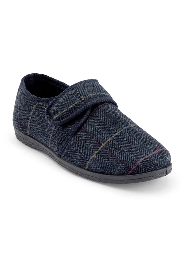 Cotton Traders Navy Adjustable Check Slippers