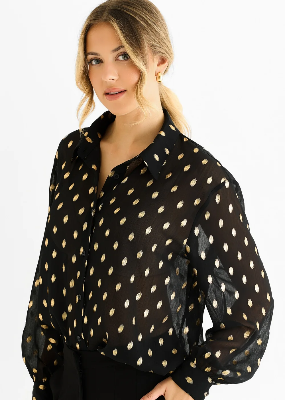 Gini London Black Chiffon Foil Jacquard Sheer Shirt - M/L Image 3