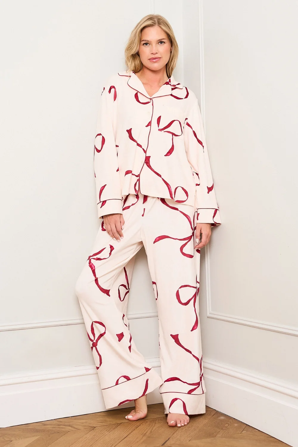 JimJam Burgundy Bow Print Pyjama - L Image 1
