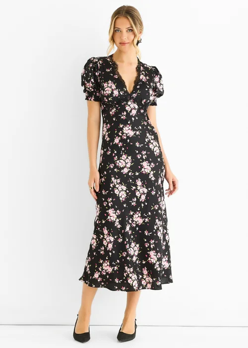 Gini London Black Floral Lace Trim Bias Midi Dress - 12 Image 1