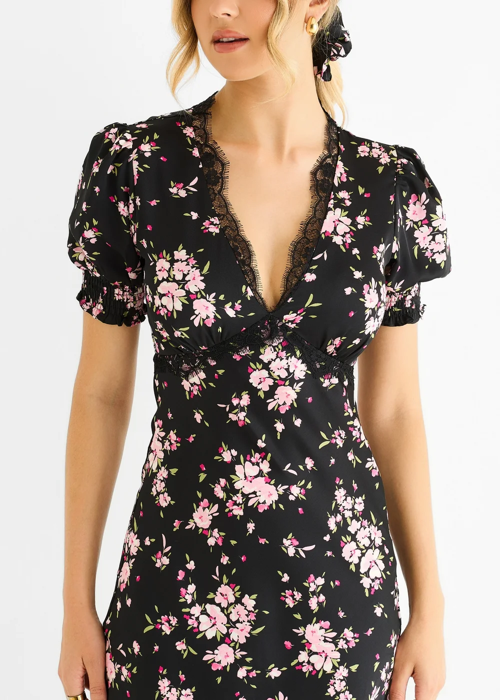 Gini London Black Floral Lace Trim Bias Midi Dress - 12 Image 3
