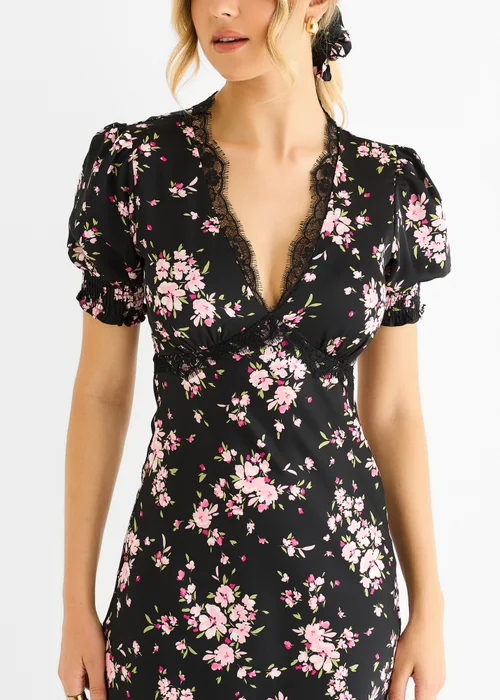Gini London Black Floral Lace Trim Bias Midi Dress - 12 Image 3