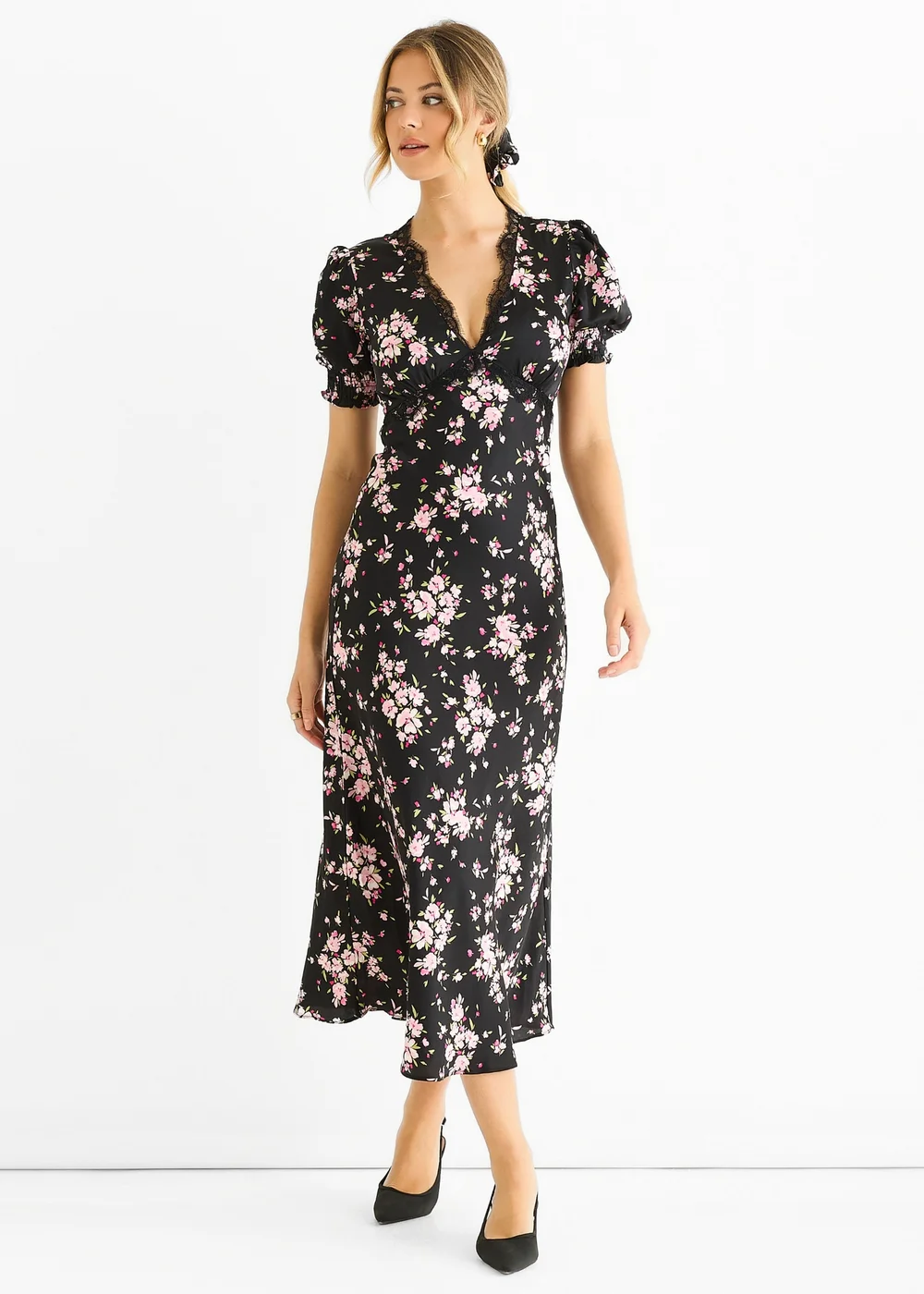Gini London Black Floral Lace Trim Bias Midi Dress - 12 Image 4