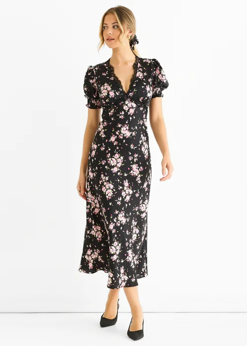Gini London Black Floral Lace Trim Bias Midi Dress - 12 Image 4