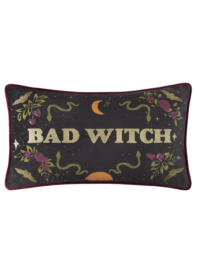 Furn Bad Witch Embroidered Velvet Black Magic Cushion