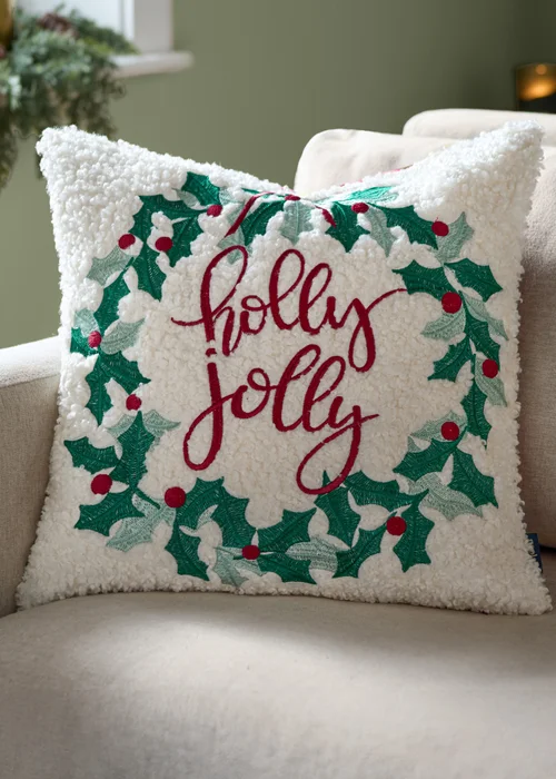Furn Holly Wreath Embroidered Multi Cushion - 45cm x 45cm Image 1