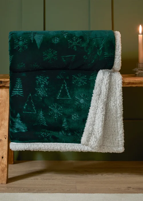 Furn Festive Time Sherpa Fleece Embossed Emerald Throw - 140cm x 180cm Image 1