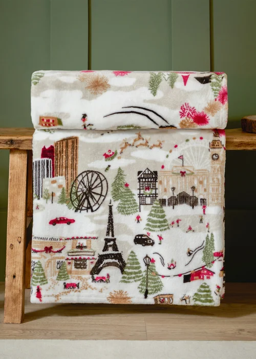 Furn Joy To All Printed Fleece Cream Throw - 140cm x 180cm Image 1