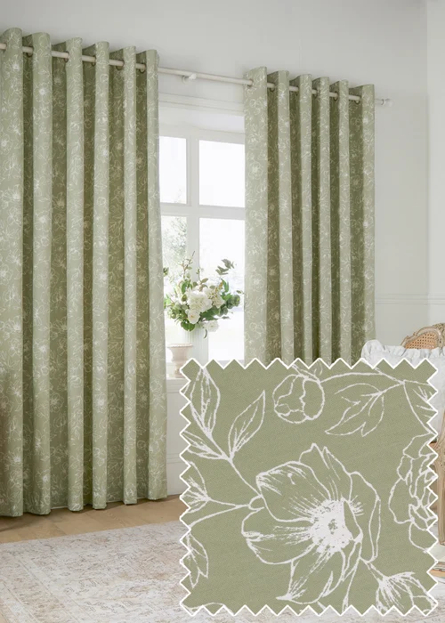 Wylder Nature Bella Floral Lined Sage Eyelet Curtain Pair - 46W X 54D (117x137cm Image 1