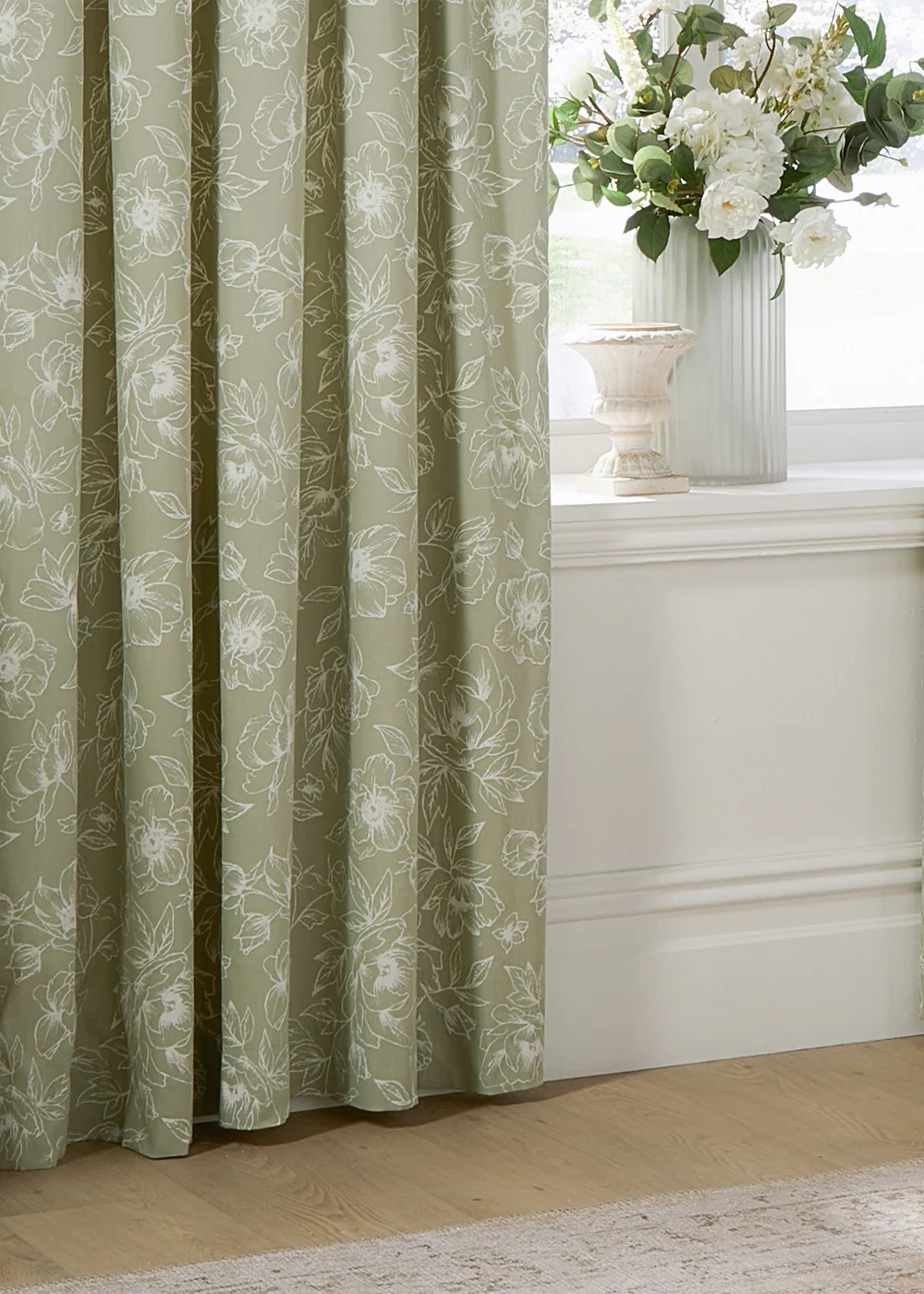 Wylder Nature Bella Floral Lined Sage Pencil Pleat Curtain Pair - 66W X 54D (168x137cm) Image 4