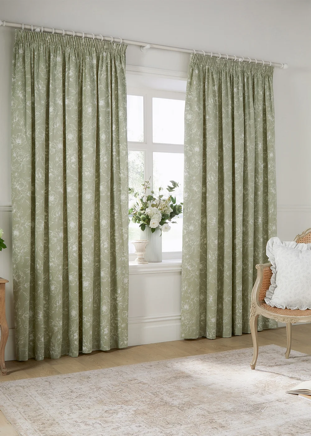 Wylder Nature Bella Floral Lined Sage Pencil Pleat Curtain Pair - 66W X 54D (168x137cm) Image 2