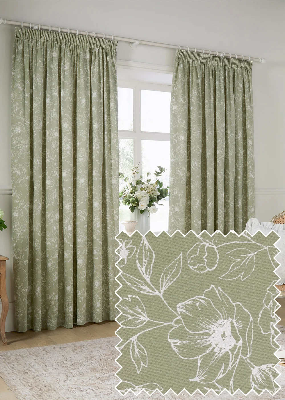 Wylder Nature Bella Floral Lined Sage Pencil Pleat Curtain Pair - 66W X 54D (168x137cm) Image 1