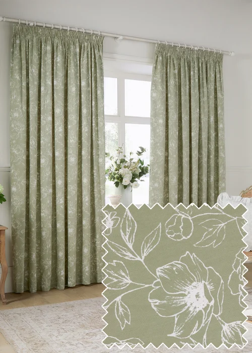 Wylder Nature Bella Floral Lined Sage Pencil Pleat Curtain Pair - 66W X 54D (168x137cm) Image 1
