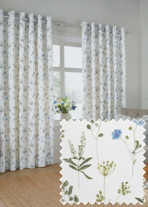 Wylder Nature Meadow 100% Cotton Lined White Eyelet Curtain Pair - 66W X 54D (168x137cm) Image 1
