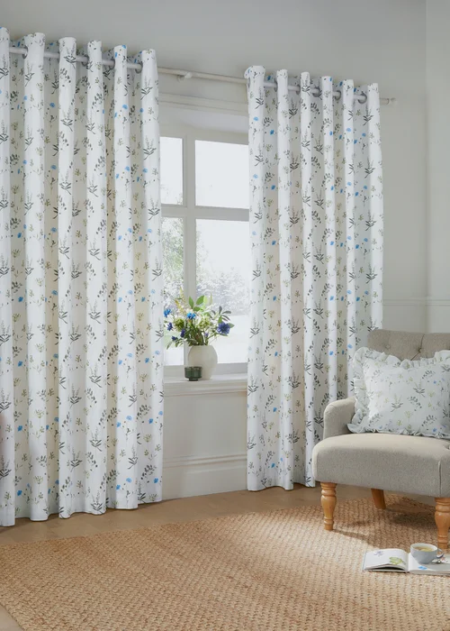 Wylder Nature Meadow 100% Cotton Lined White Eyelet Curtain Pair - 66W X 54D (168x137cm) Image 2