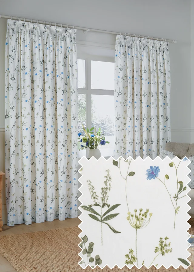Wylder Nature Meadow 100% Cotton Lined White Pencil Pleat Curtain Pair