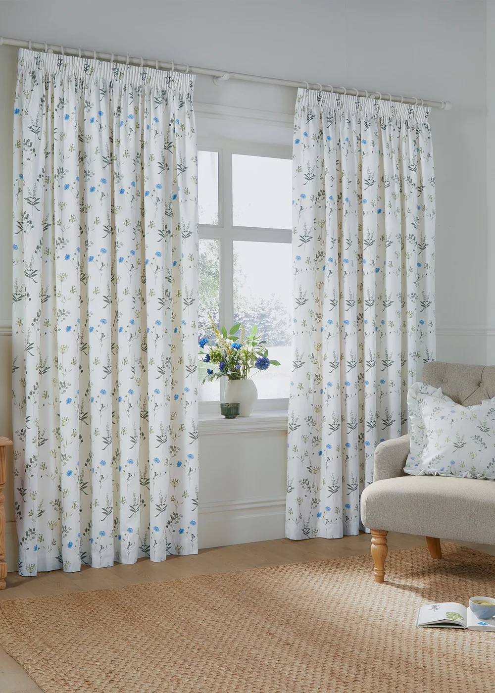 Wylder Nature Meadow 100% Cotton Lined White Pencil Pleat Curtain Pair - 66W X 54D (168x137cm) Image 2