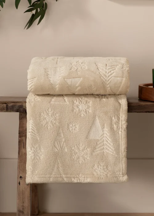 Furn Festive Time Embossed Fleece Natural Throw - 140cm x 180cm Image 1