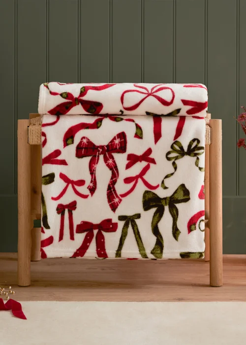 Furn Festive Bows Printed Fleece Berry/Pine Throw - 140cm x 180cm Image 1
