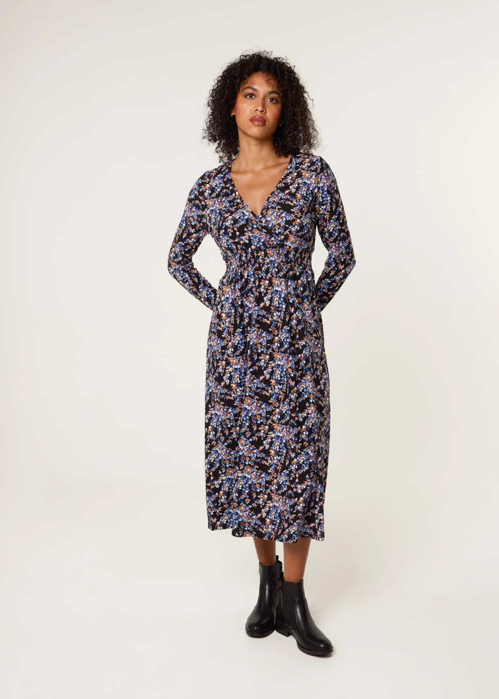 Blue Vanilla Black Floral V Neck Wrap Long Sleeve Midi Dress - M/L Image 1
