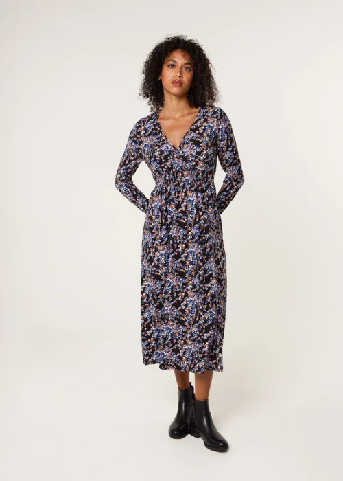 Blue Vanilla Black Floral V Neck Wrap Long Sleeve Midi Dress - M/L Image 1