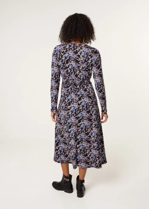 Blue Vanilla Black Floral V Neck Wrap Long Sleeve Midi Dress - M/L Image 4